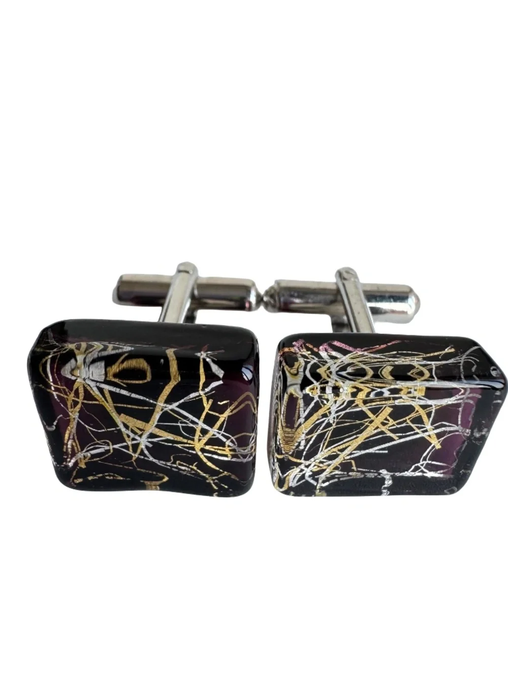 Vintage Purple Art Glass Cufflinks Gold Silver Foil Chunky Square Modernist Gift